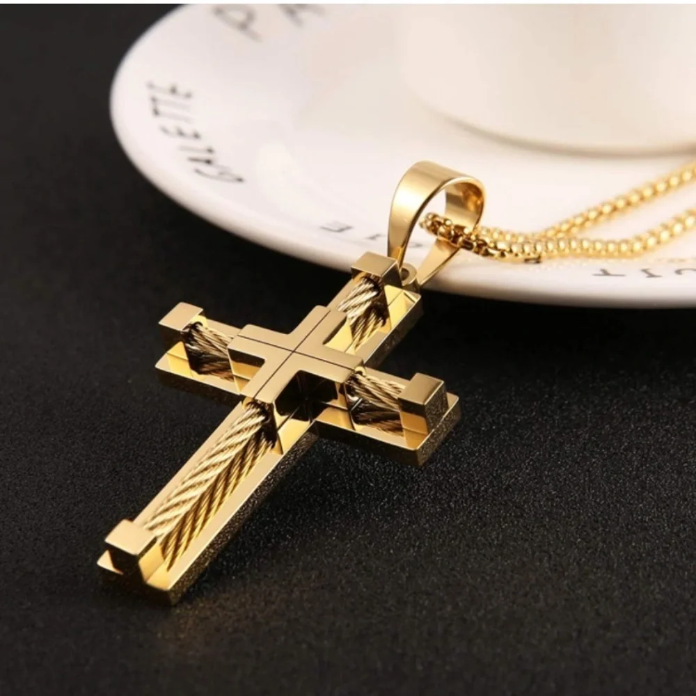Stainless Steel Cable Gold Cross Necklace-Men's Fashion Jewelry
